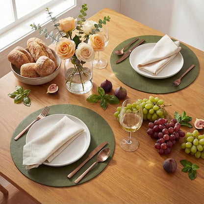 Artoid Mode Olive Green Faux Leather Placemats Set of 4, 15 Inch Waterproof Wipeable Heat Resistant Vinyl Place Mats, Reversible Table Mats for Kitchen Dining Decor