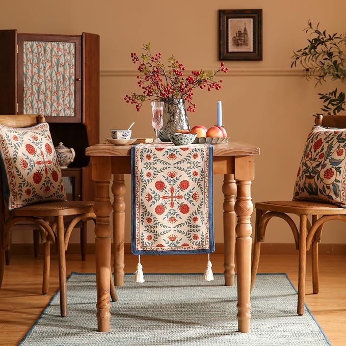 Patdrea Designer French Elegant Linen Table Runner, Colorful Floral Pattern - Image 2
