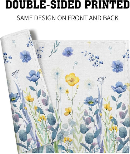 Watercolor Floral Placemats Set of 4 Blue Yellow Poppy Flowers Washable Non-Slip Heat Resistant 12×18 Inch Spring Summer Seasonal Linen Fabric Table Mats for Kitchen Dining Table