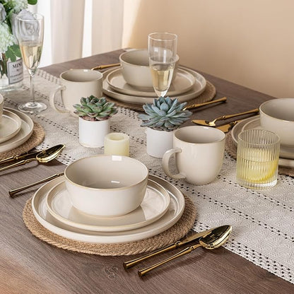GBHOME Ceramic Dinnerware Sets for 4, 12 Pieces Stoneware Plates and Bowls Sets, Scratch Resistant Dishes, Dishwasher & Microwave Safe, Reactive Glaze-Vanilla color