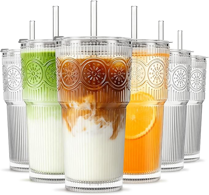 INSETLAN 20oz Ribbed & Floral Glass Tumblers by INSETLAN