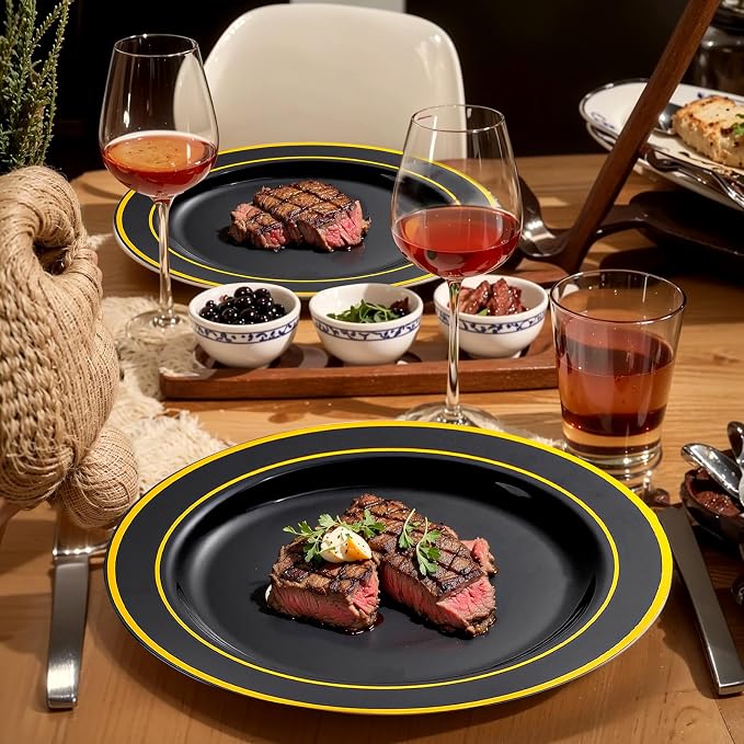 bUCLA 600PCS Black and Gold Disposable Dinnerware Set - Image 3