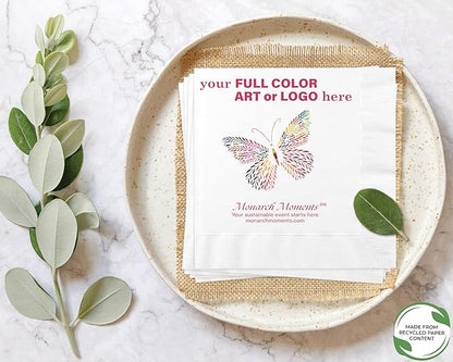 B.E. Green Custom Dinner Napkins - Personalized Recycled Paper Content Napkins - Eco-friendly & Full-Color Digital Printed - Weddings, Events & Celebrations - Pack of 50 - Coin Edge Embossed, 8"x 8"