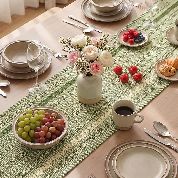 Artoid Mode Army Green Farmhouse Stripe Braided Table Runner 12x48 Inch | - Image 4