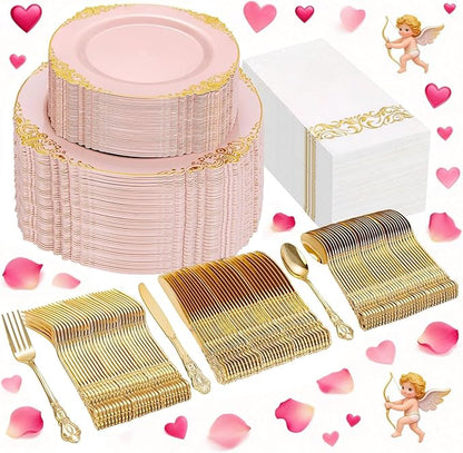 Ciaell 300PCS Pink and Gold Plastic Plates - Pink Disposable Dinnerware Sets for 50 Guests - 100 Plates, 50 Knives, 50 Forks, 50 Spoons, and 50 Napkins for Wedding, Party & Valentine's Day
