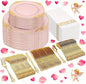 Ciaell 300PCS Pink and Gold Plastic Plates - Pink Disposable Dinnerware Sets for 50 Guests - 100 Plates, 50 Knives, 50 Forks, 50 Spoons, and 50 Napkins for Wedding, Party & Valentine's Day