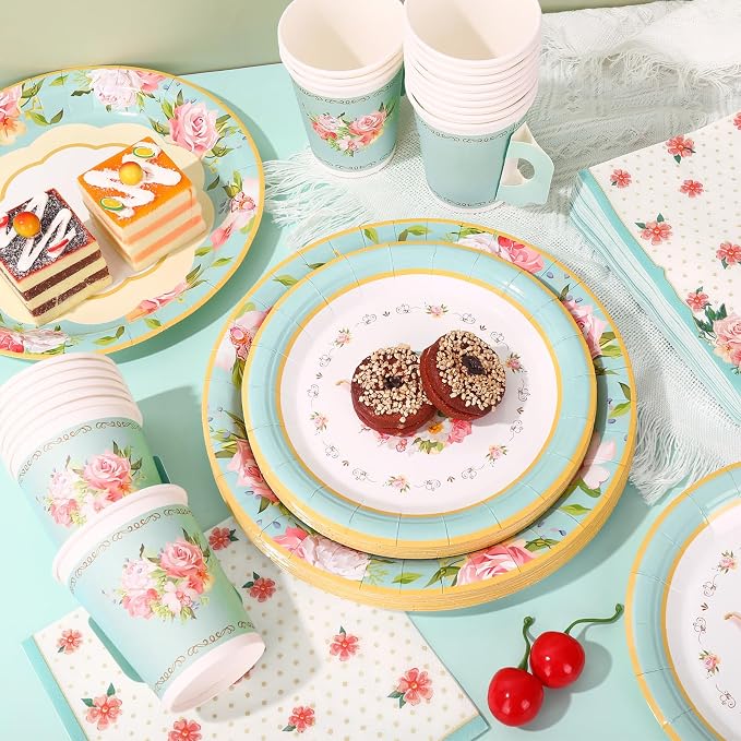 Whaline Tea Party Tableware Supplies Serves 24 Floral Tea Party Disposable - Image 4