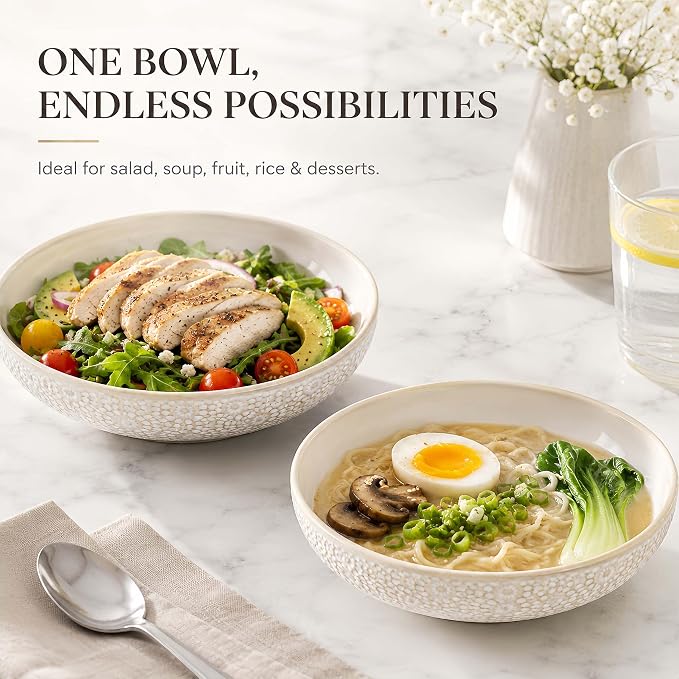 8" Ceramic Pasta Bowls, 22 Oz Serving Bowls Set of 4, Porcelain Shallow Soup - Image 3