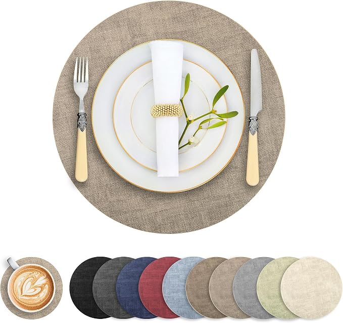 Round Faux Leather Placemats and Coasters, Reversible Heat Resistant Non-Slip by LANDVIEW