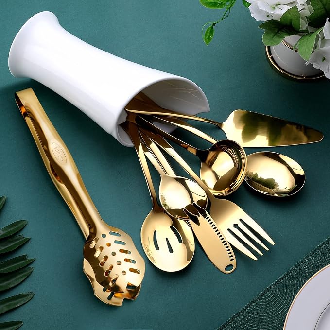 Gold Serving Utensils, OGORI 8-Piece Polished Stainless Steel Flatware - Image 5