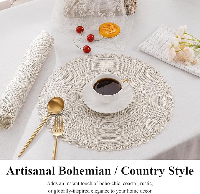 SHACOS Boho Round Placemats Set of 8 Braided Border Round Place Mats 15 inch - Image 2
