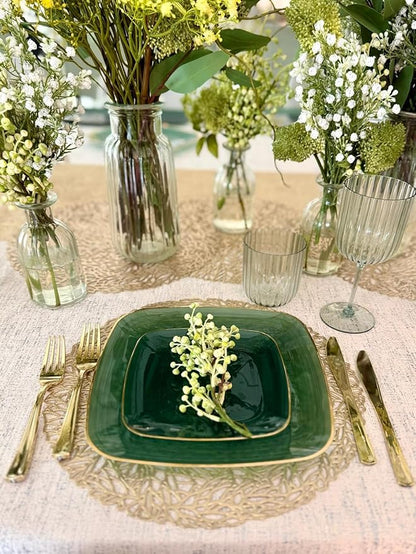 " OCCASIONS " 120 Plates Pack,(60 Guests) Premium Wedding Party Disposable Plastic Plates Set -60 x 10'' Dinner + 60 x 7'' Salad/Dessert (Belize Square in Green & Gold)
