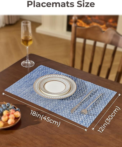 Leetaltree Blue Placemats Set of 4 - Heat Resistant Non-Slip Place mats for Dining Table, Washable Durable PVC Vinyl Woven Table Mats（Blue Zigzag, 4）