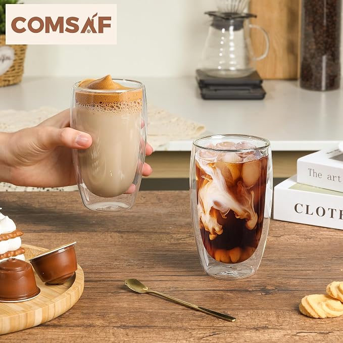 ComSaf 15oz Double Wall Glass Coffee Mugs, Insulated Latte Cups Set of 2 - Image 2