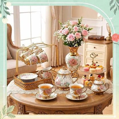 22 Pcs Porcelain Tea Set with Metal Holder, Vintage European Floral Tea Set - Image 3