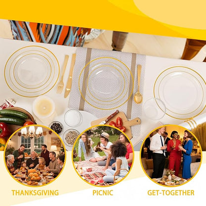 GATHER 350PCS Clear Gold Plastic Plates - Disposable Gold Dinnerware Sets Includes 100 Gold Rim Plastic Plates, 150 Silverware, 50 Napkins, 50 Cups for Party, Wedding