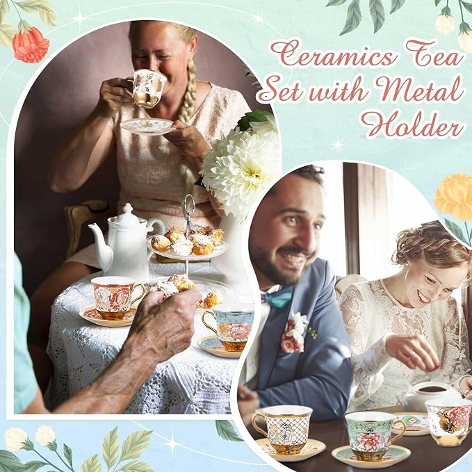 Teenyyou Set of 6 Tea Cups and Saucers Tea Party Decorations Floral Porcelain - Image 4