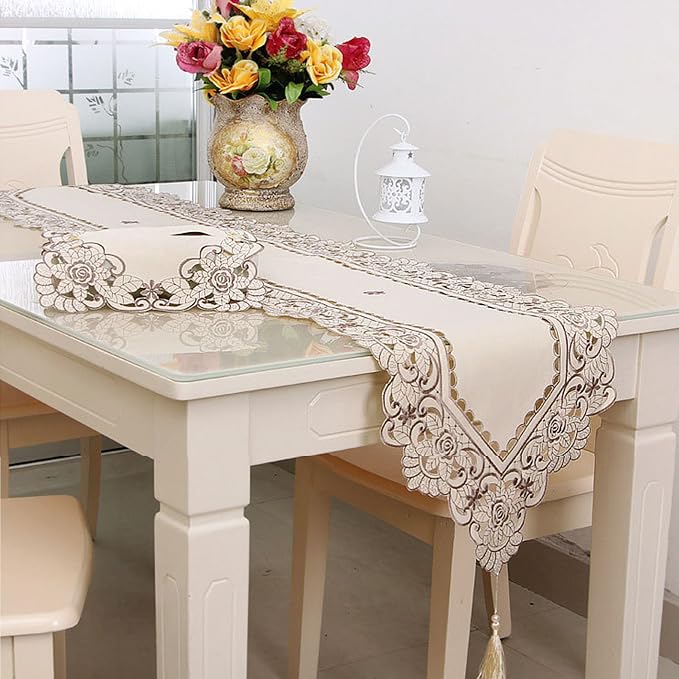 Arzoe Embroidered Lace Table Runner Elegant Vintage Mantel Scarf Dresser - Image 8