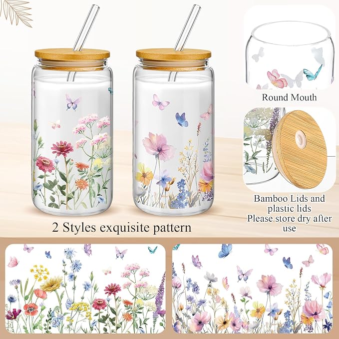 Mumufy 2 Pack Wildflower Glass Cups Gift Aesthetic Cute Glass Cup Tumbler - Image 3