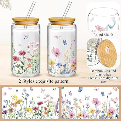 Mumufy 2 Pack Wildflower Glass Cups Gift Aesthetic Cute Glass Cup Tumbler - Image 3
