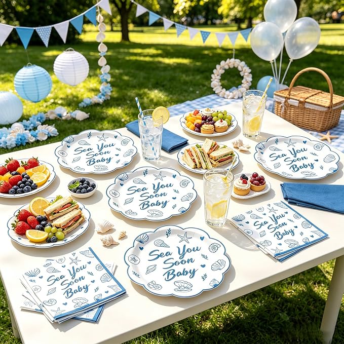Whaline 72Pcs Sea You Soon Baby Tableware, Plate Napkin Set, Serves 24 | 9" & - Image 6