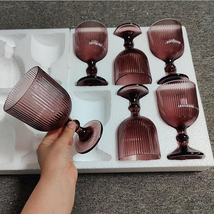 Purple Glasses Drinking Water Goblets set of 6 Colored Wine Glasses 13oz Pink Vintage Glassware for Wedding Party Bar Vertical Line Embossed Pattern Stemmed Cups 400ml