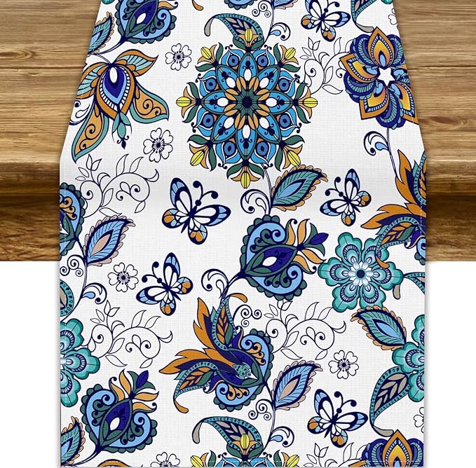 Oriental Paisley Table Runner, Luxury Vintage Blue Teal Floral Butterflies by JanJCurt
