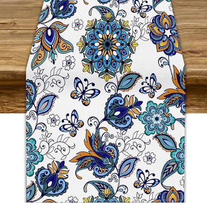 Oriental Paisley Table Runner, Luxury Vintage Blue Teal Floral Butterflies by JanJCurt