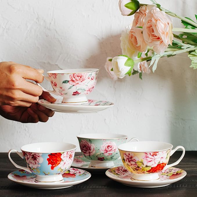 BTaT- Floral Tea Cups and Saucers Set of 4, 7 oz | Porcelain Tea Cup Set - Image 5