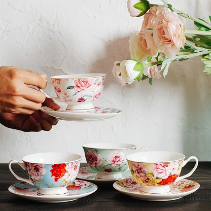 BTaT- Floral Tea Cups and Saucers Set of 4, 7 oz | Porcelain Tea Cup Set - Image 5