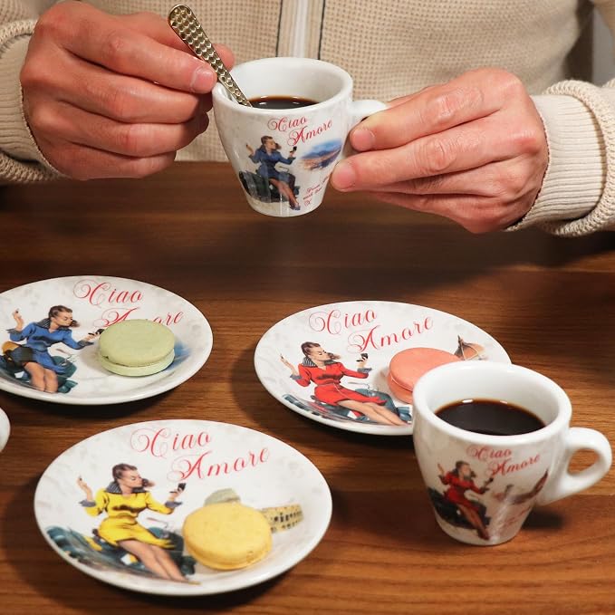 Lorren Home Porcelain Espresso Cups and Saucers, Vespa Scene Design, 3 Oz - Image 4