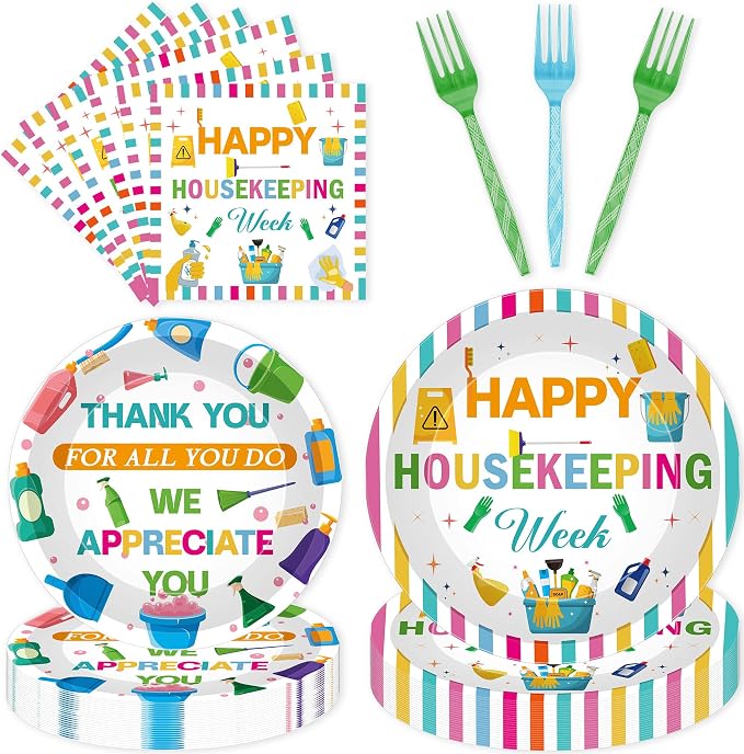96 Pcs Housekeeping Week Party Supplies Kit 24 Plates 24 Dessert Plates 24 by EoBeCy