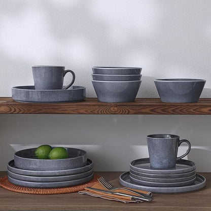 Famiware Annecy Dinner Plates and Bowls Sets, Stoneware Dinnerware Sets, Dishes Set for 6, 18 Pieces Handmade Dishware Set - Microwave & Dishwasher Safe, Double Reactive Glaze Tableware, Misty-Blue