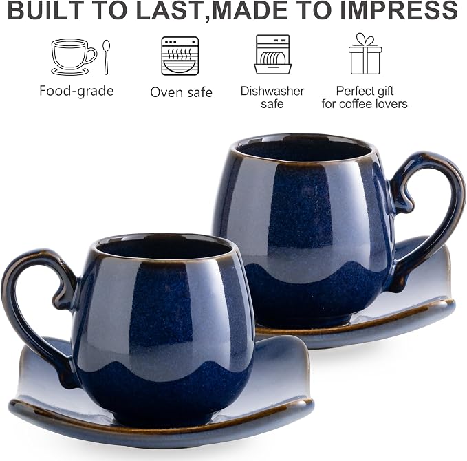 LYEOBOH 3oz Espresso Cups with Saucers, Small Coffee Cups Set of 6 with Spoons - Image 3