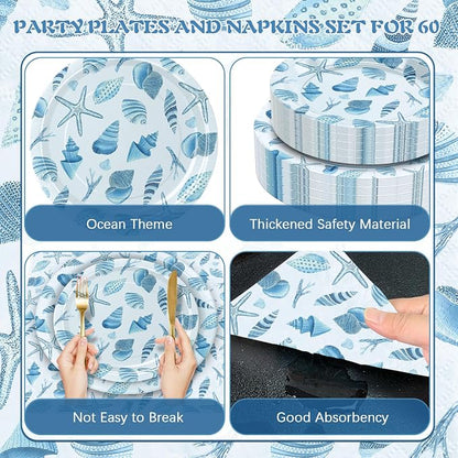 180Pcs Sea Party Supplies Paper Plates and Napkins Serve 60 | Disposable - Image 3