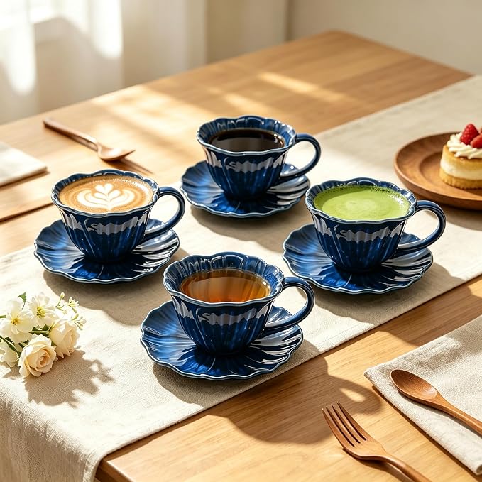 KOOV Latte Cup and Saucer Set of 4, Vintage Hand-Painted 10 oz Ceramic - Image 2