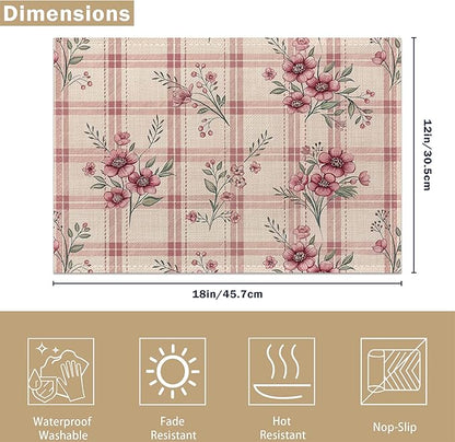 Colorful Floral Spring Plastic Placemats Set of 6 Cute Flowers Pink Place Mats Washable Kitchen Dining Linen Table Mats Stain Heat, for Home Party Indoor 12x18 in