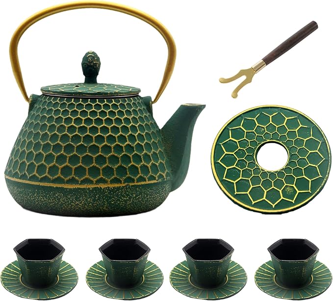 YJX Cast Iron Teapot and Tea Cups Set, 33.8oz Hexagon Pattern Tea Set by YJX
