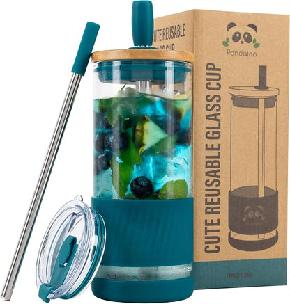 Pandaloo® Glass Cups With Lids and Straws -20 Fl Oz- Perfect Size Iced Coffee by Pandaloo