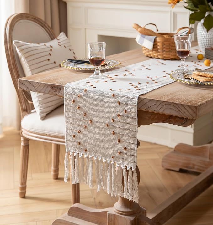 Boho Table Runner 13 x 108 Inch Long Natural Cotton Woven Runner - Image 2