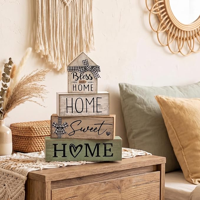 Moucuny 4 Pcs Wooden Farmhouse Table Decor Rustic Home Sweet Home Stacked - Image 4