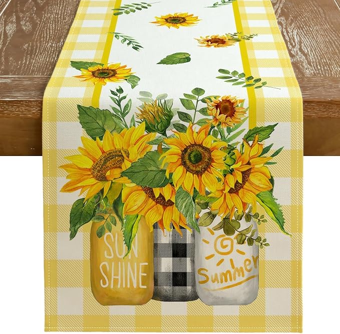 Sunflower Summer Table Runner 13x72 Inch, Kitchen Dining Table Decoration by GEEORY