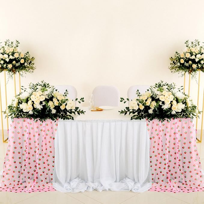 4 Pcs 29 X70 Inch Strawberry Shiny Glitter Tulle Table Cloth Pink Sheer Lace - Image 6