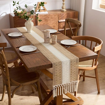 Baccessor Boho Macrame Table Runner, Woven Beige Jute Linen Table Runner - Image 6