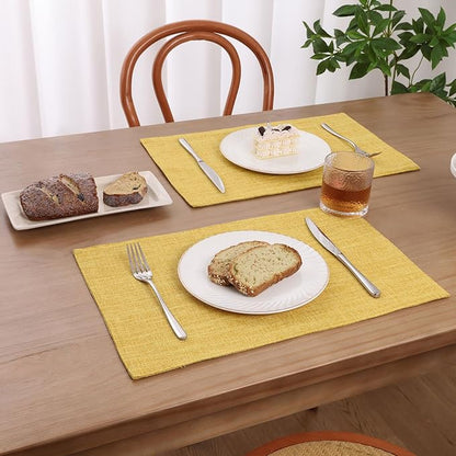 SHACOS Washable Cloth Placemats Set of 6 Fabric Place Mats Non Slip Double Layered Thick Faux Linen Placemat Reversible Table Mats Home Wedding Table Decor, Yellow