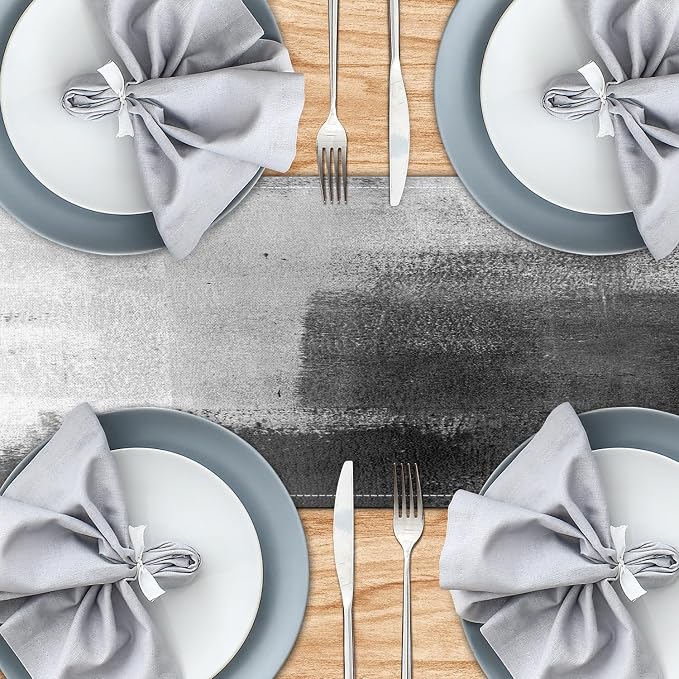 Black Grey Table Runners Rustic Farmhouse Linen Table Runners Abstract Art - Image 4