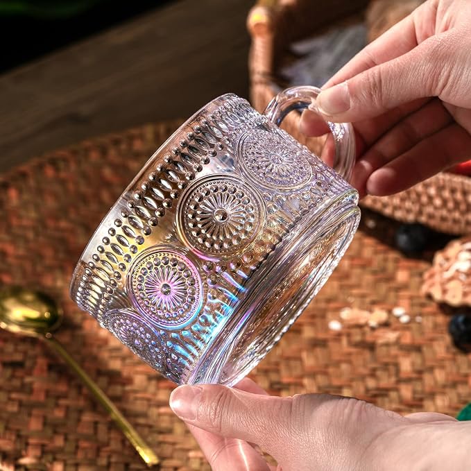 Gezzeny Vintage Glass Coffee Mugs 14 Oz Set of 2 Iridescent Embossed, Tea Cups - Image 3