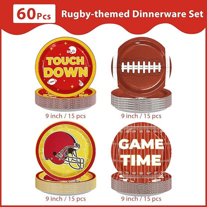 Greencain 60Pcs Chiefs Football Paper Plates Red and Gold Football Paper Plates American Rugby Touchdown Disposable Tableware for Tailgate Sports Birthday Party Supplies Decorations