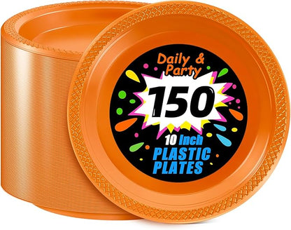 WELLIFE Orange Party Plates 10 Inch -150 Count, Plastic Disposable Dinner Plates for Party Easter Halloween Thanksgiving Picnic BBQ
