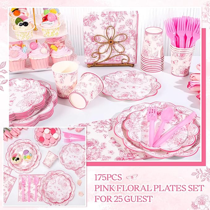 NatNarr 25 Set Pink Floral Party Supplies Include Plates Napkins Cups | - Image 5